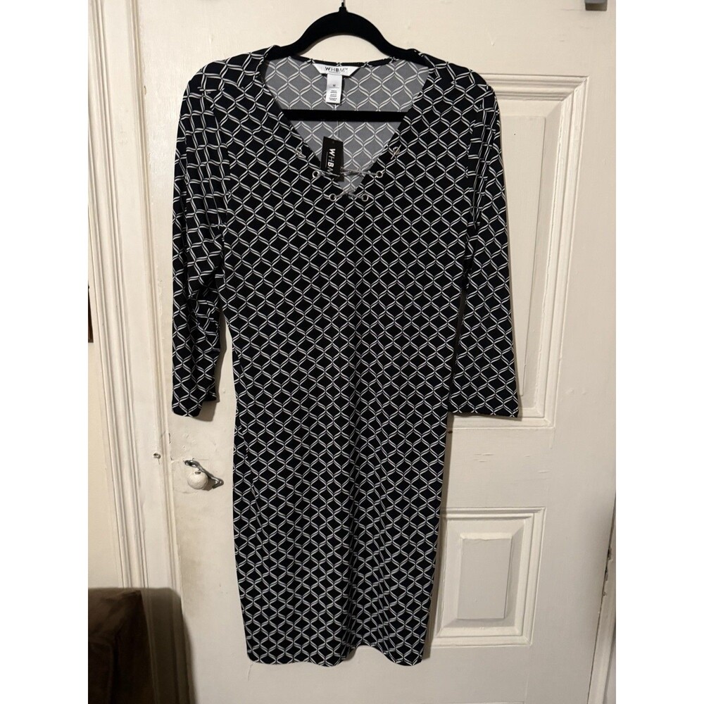 NWT White House Black Market WHBM Black White Geo Lace Up Sheath Dress Medium